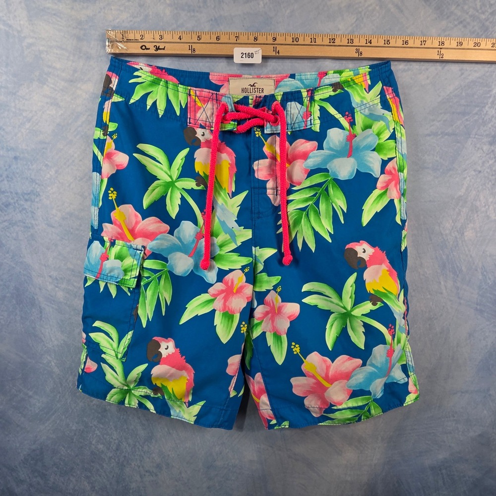 Hollister Mens Blue Tropical Parrot Hibiscus Floral Board Shorts Swim Trunks‎ S